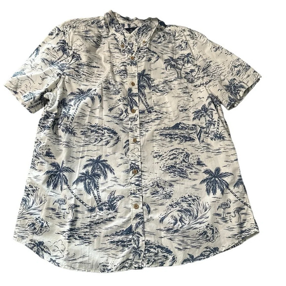 American Eagle men's XL button down shirt cream with hawaiian blue print - Picture 1 of 5